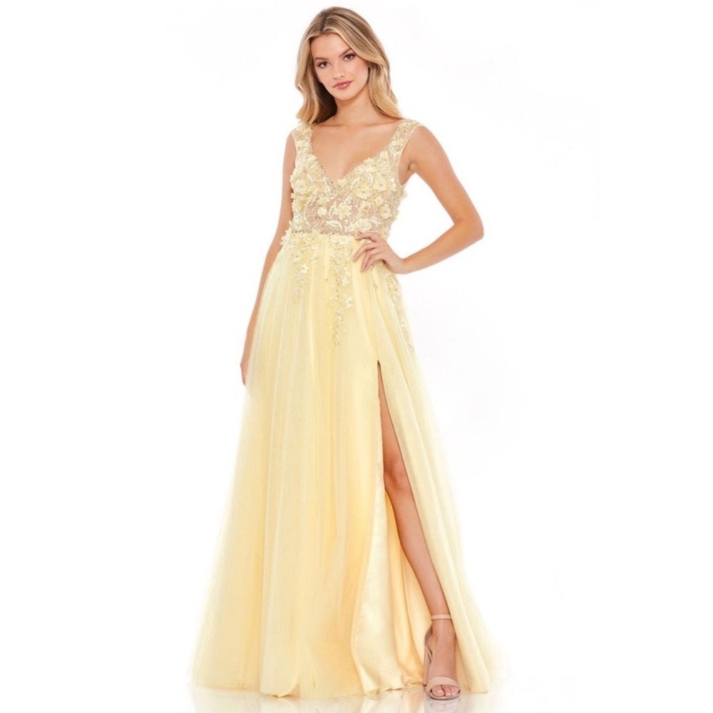 NWT Mac Duggal 11201 Yellow Embellished Illusion A-Line Gown Sz 10 $598